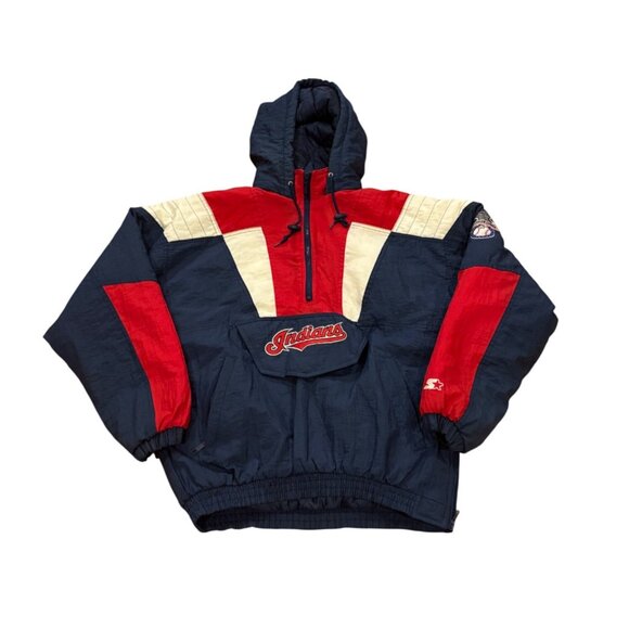 Vintage 1990's Stater Cleveland Indians Hooded Puffer Jacket Blue Men's Small - Picture 1 of 8